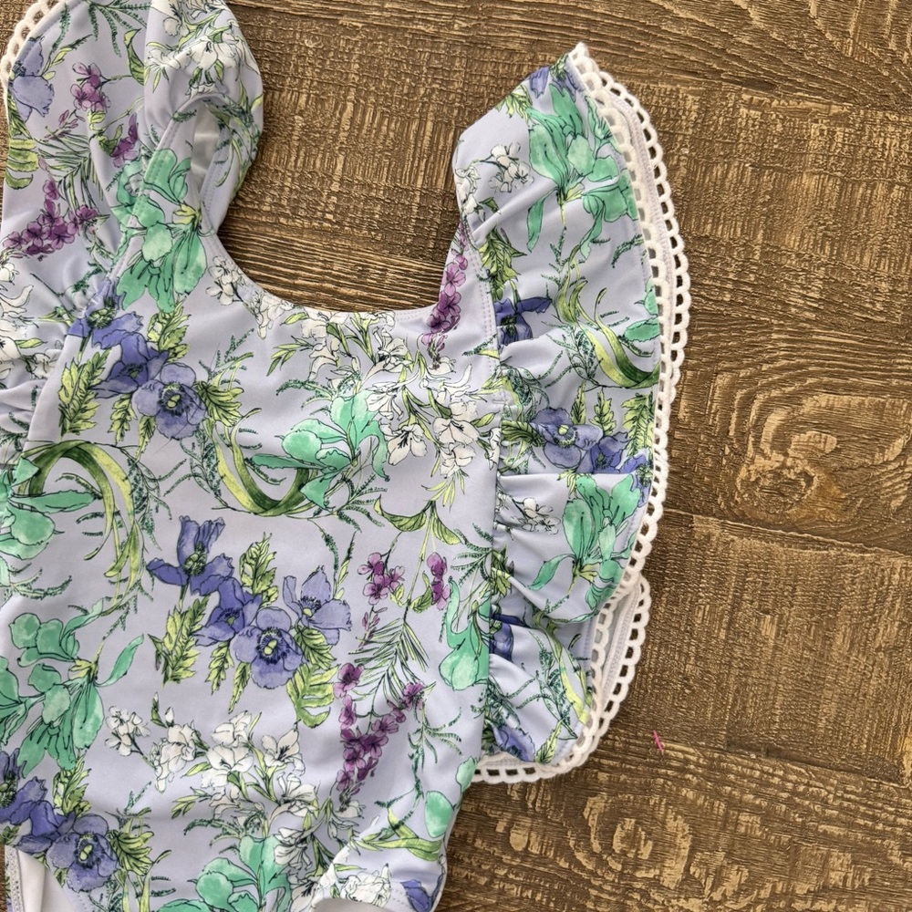 Janie and Jack Floral Ruffle One Piece Swimsuit Lavender Fields 4 NWOT - Picture 3 of 9
